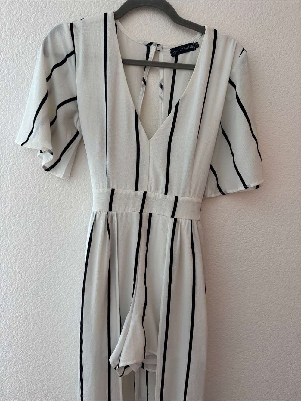 Striped V-Neck Shorts- Jumpsuit in Cream/Black - Picture 2 of 3